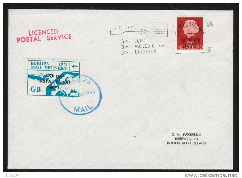 GB STRIKE MAIL COVER PUBLIC MAIL SERVICE (LAST DAY OF EUROPA SERVICE) 4/- BLUE PLANE & MAP COMMERCIAL COVER TO HOLLAND - Cinderellas