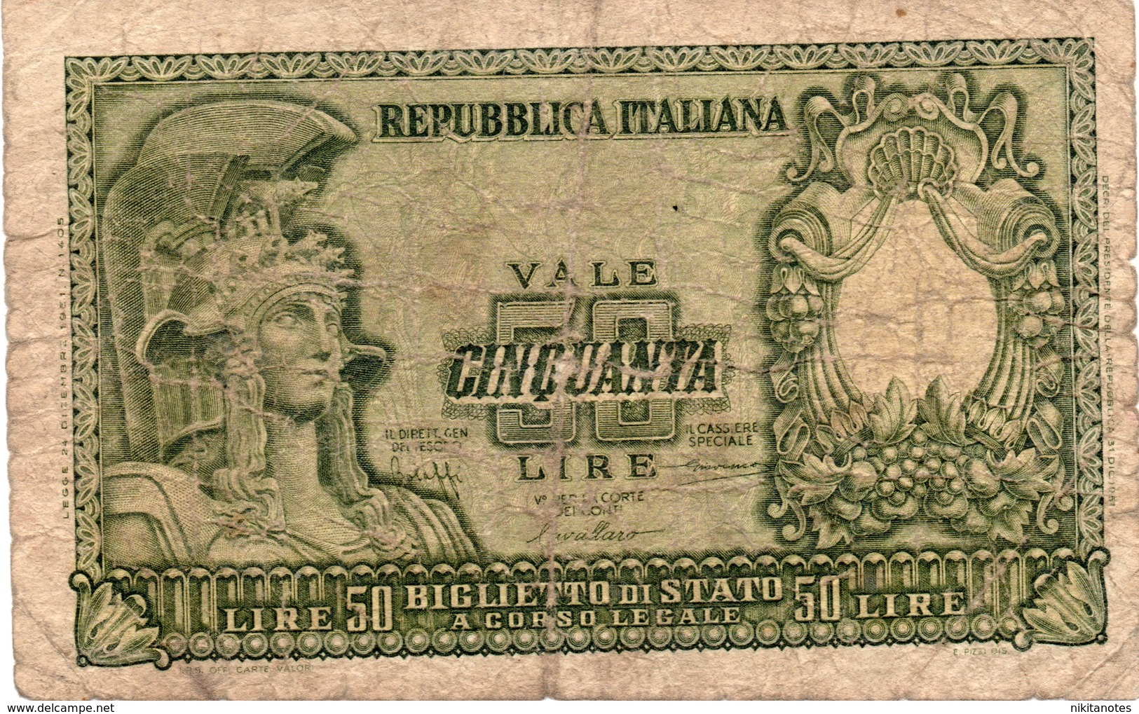 1951 Italia Banconota Lire 50 Italia Elmata DM 31-12-1951 - 50 Lire