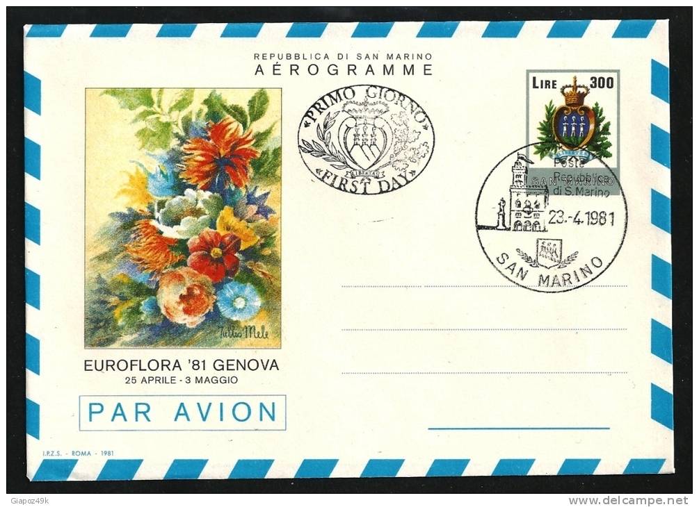 ● San MARINO 1981 - EUROFLORA A Genova - AEROGRAMMI 1° Giorno Em., Serie Completa - Cat. ? € - Interi Postali