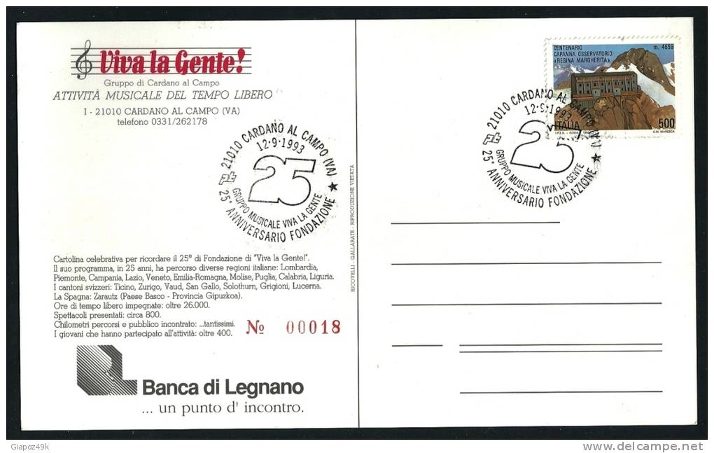● ITALIA 1993 ֍ 25° VIVA LA GENTE / Musica / Cardano Al Campo - CARTOLINA  Edizione Privata - Maximum Cards