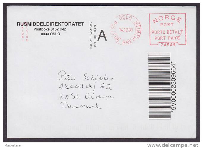 Norway Airmail A-Prioritaire RUSMIDDELDIREKTORATET Meter Stamp 1998 Cover Porto Betalt Port Payé 74549 To Denmark - Storia Postale