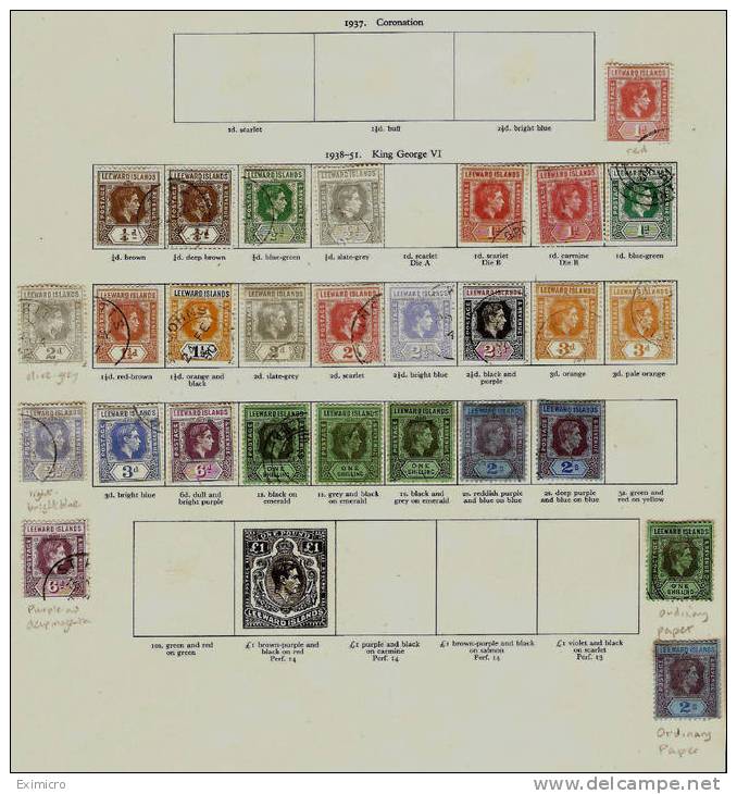 LEEWARD ISLANDS 1938 - 1951 FINE USED LOT TO 2s  ON A PRINTED ALBUM PAGE INCLUDING COLOUR/PAPER VARIETIES Cat £83+ - Leeward  Islands