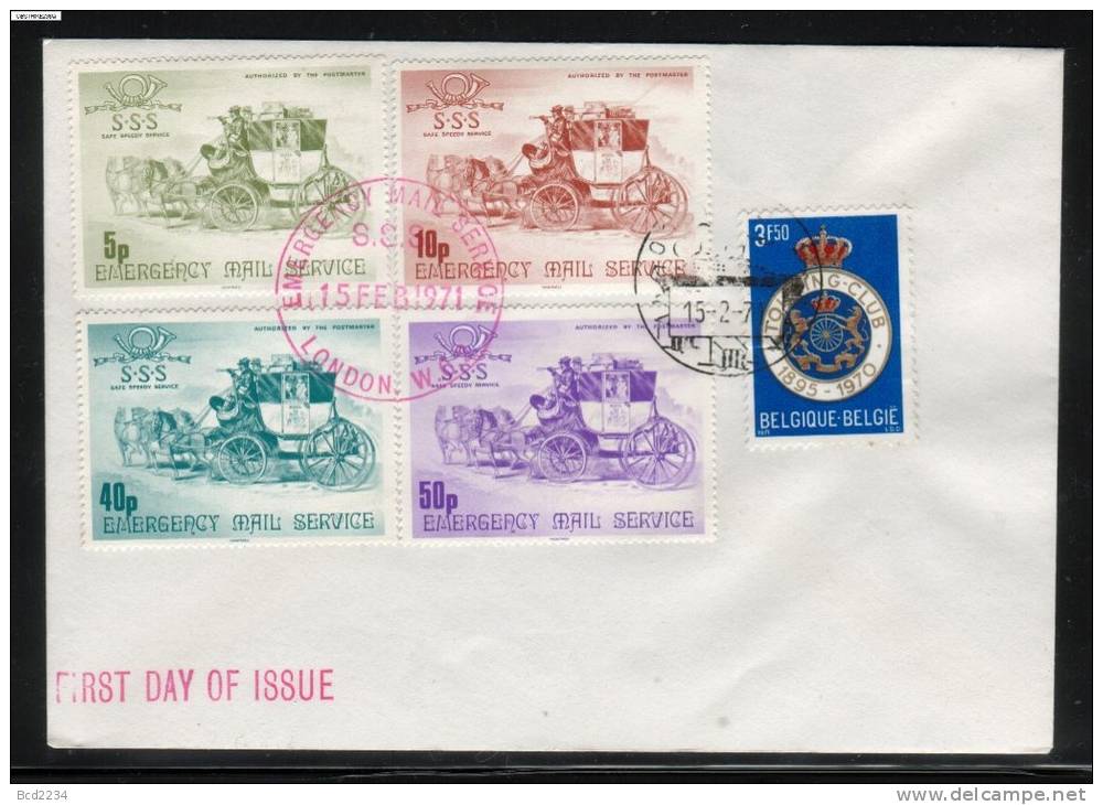 GB STRIKE MAIL COVER (SAFE SPEEDY SERVICE)  2ND ISSUE SET OF 4 FDC VIA BELGIUM 15/2/71 HORSE CARRIAGE - Local Issues