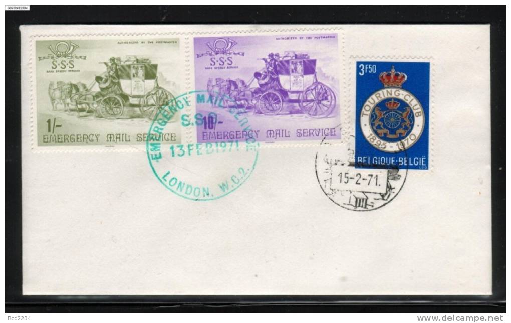 GB STRIKE MAIL COVER (SAFE SPEEDY SERVICE)  1ST ISSUE 1/- & 10/- COVER TO BELGIUM 13/2/71 HORSE CARRIAGE - Cinderellas