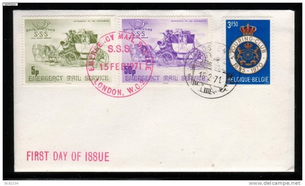 GB STRIKE MAIL COVER (SAFE SPEEDY SERVICE) 2ND ISSUE 5P & 50P FDC TO BELGIUM 15/2/71 HORSE CARRIAGE - Local Issues