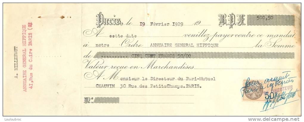 LETTRE DE CHANGE 1929 ANNUAIRE GENERAL HIPPIQUE TIMBRE FISCAL 50 C - Letras De Cambio