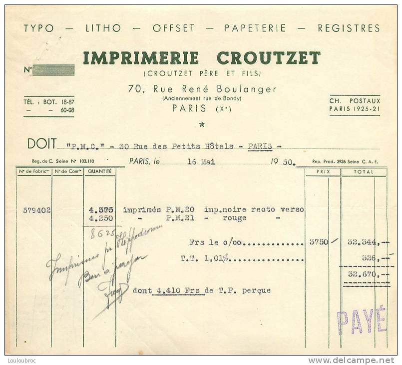 FACTURE IMPRIMERIE CROUTZET 70 RUE RENE BOULANGER PARIS 05/1950 - Imprimerie & Papeterie