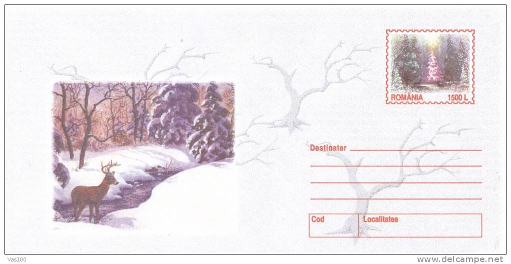 DEER, WINTER VIEW, 1999, COVER STATIONERY, ENTIER POSTAL, UNUSED, ROMANIA - Game