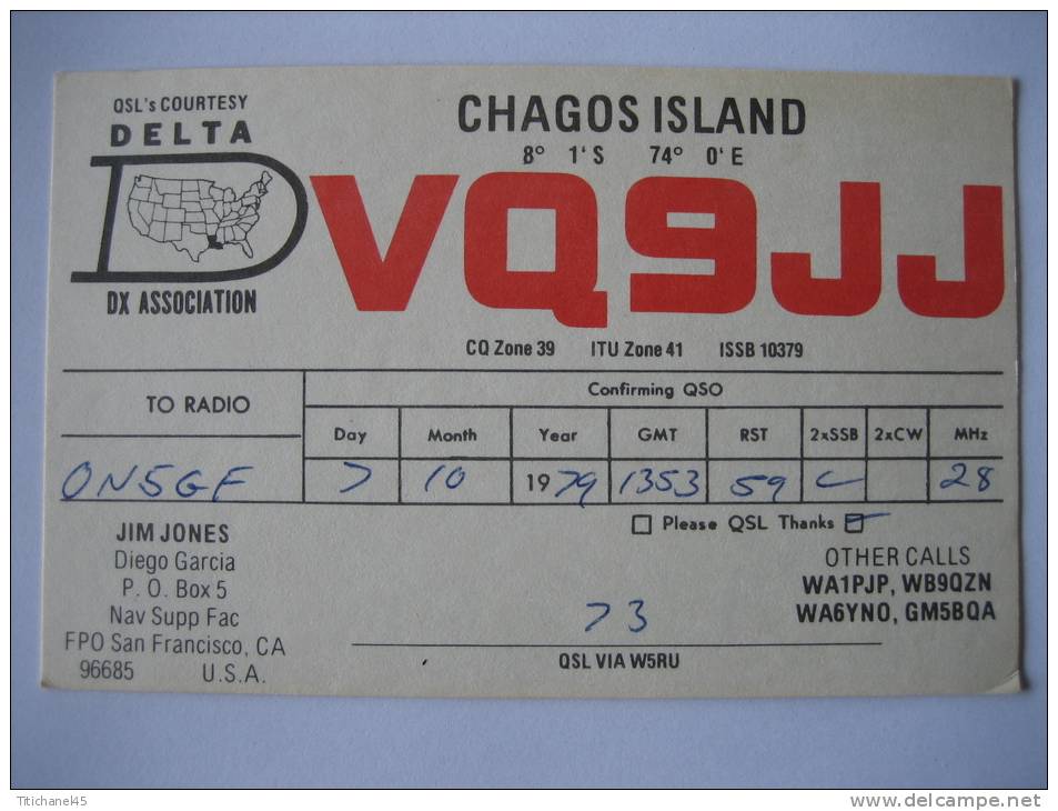 CARTE QSL CARD RADIO AMATEUR 1979 - DIEGO GARCIA CHAGOS ISLANDS - CHAGOS ARCHIPELAGOS - VQ9JJ - JIM JONES - Radio Amateur