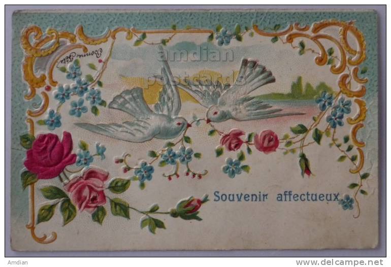 SWALLOWS+ ROSES Embossed Greetings Postcard France 1904 UDB - Other & Unclassified