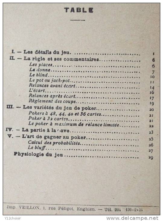 LIVRE 1934 JEU JEUX LE POKER 52 48 44 40 36 32 CARTES PAR B. RENAUDET LIBRAIRIE S. BORNEMANN  JOUET JEU SOCIETE - Giochi Di Società