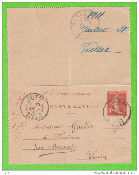 Sur Carte-Lettre - CAD OULMES (Vendée) Du 29-7-1911 + Cachet "OR" + CAD MERVENT (Vendée) - Cartoline-lettere