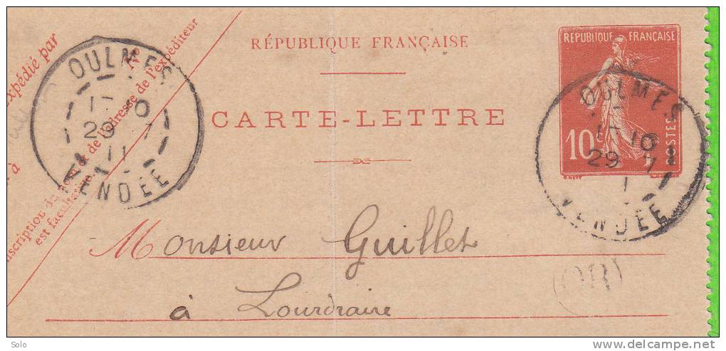 Sur Carte-Lettre - CAD OULMES (Vendée) Du 29-7-1911 + Cachet "OR" + CAD MERVENT (Vendée) - Cartoline-lettere