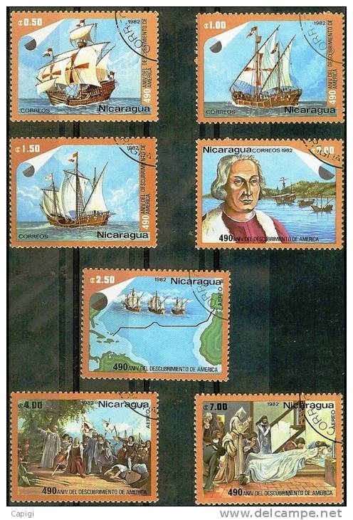 1982 NICARAGUA .  490th ANNIVERSARY OF AMERICA DISCOVERY.  7 STAMPS USED - Christophe Colomb