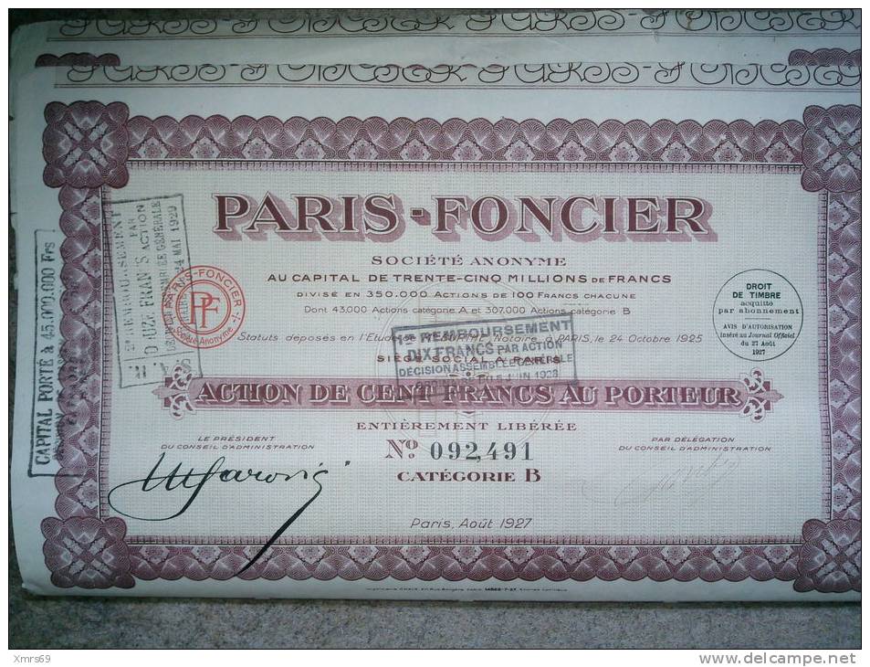 Actions "PARIS FONCIER" De 1927 - P - R