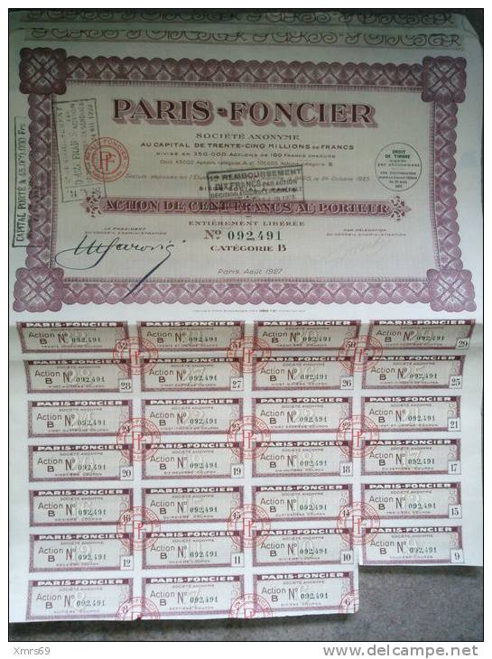 Actions "PARIS FONCIER" De 1927 - P - R