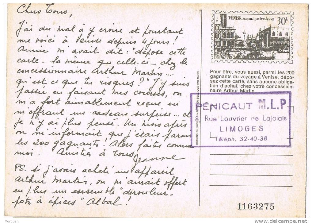 Postal Privat LIMOGES (Francia) . Voyage A Venise. Dessiner - Covers & Documents