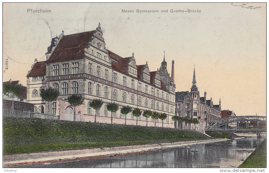 LITHO: PFORZHEIM, Neues Gymnasium, Goethebrücke, Stempel: Pforzheim 12.7.1908 Nach Karlsruhe - Pforzheim