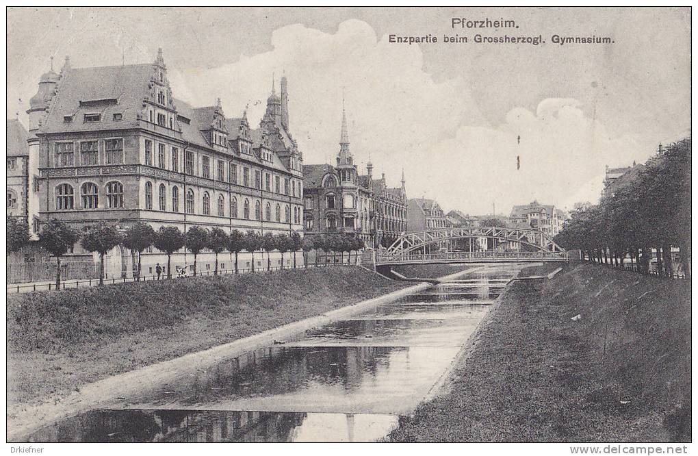 PFORZHEIM, Enzpartie Mit Gymnasium Und Goethebrücke, Stempel: Pforzheim 23.5.1910 Nach Regensburg, Briefträgerstempel 37 - Pforzheim