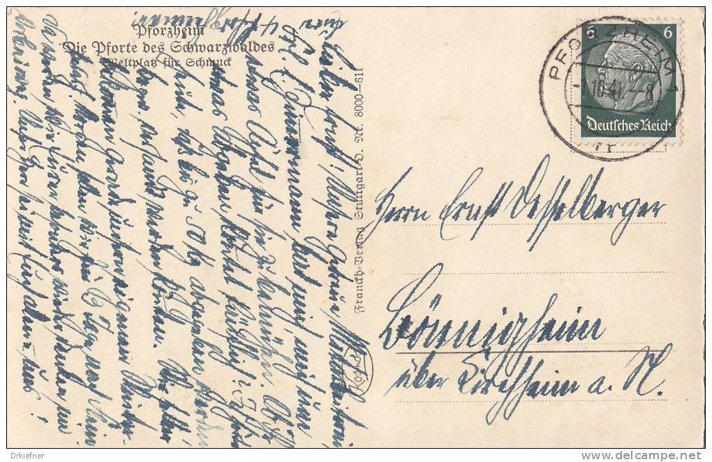 PFORZHEIM, Partie Bei Der Schlosskirche, Stempel: Pforzheim 1.10.1941 Nach Bönnigheim - Pforzheim