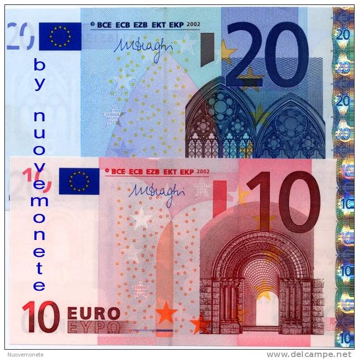 FIRMA DI DRAGHI BANCONOTE DA EURO 20 S ITALIA J030 + 10 GERMANIA E006. UNC FDS - 20 Euro