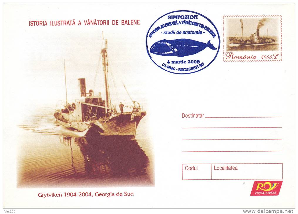 BALEINES, WHALE HUNTING, 5X, 2005, COVER STATIONERY, ENTIER POSTAL, OBLITERATION CONCORDANTE, ROMANIA - Wale