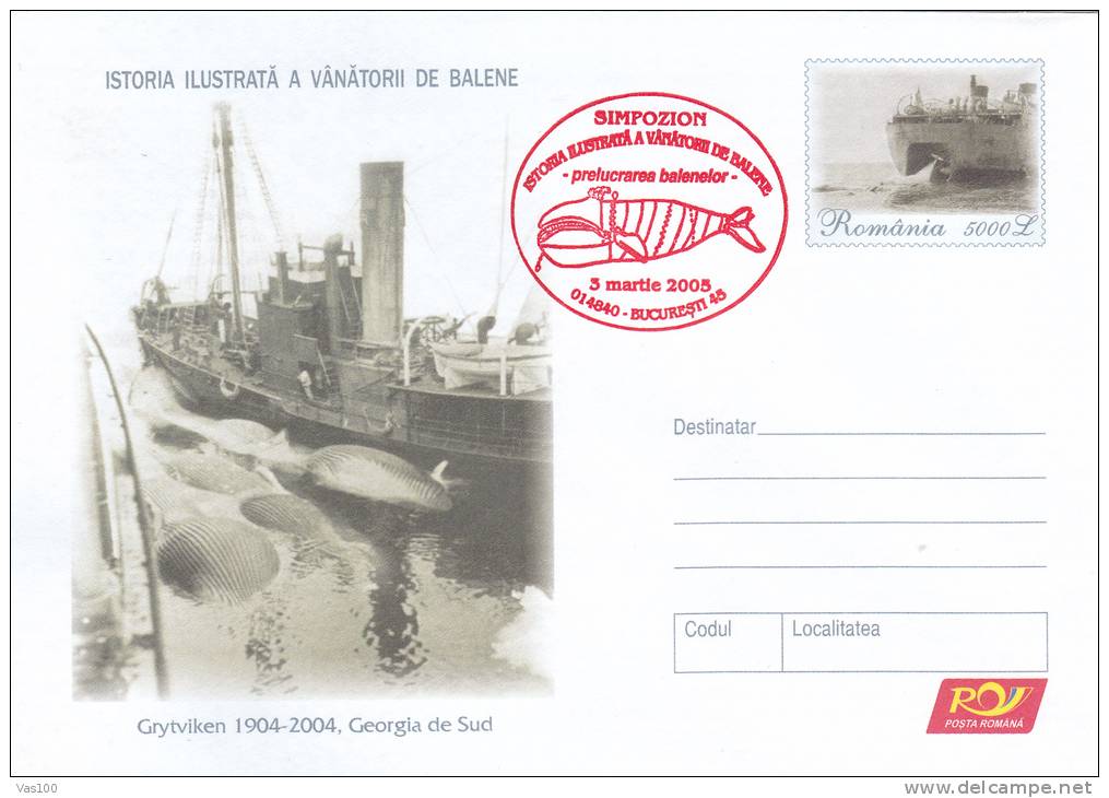 BALEINES, WHALE HUNTING, 5X, 2005, COVER STATIONERY, ENTIER POSTAL, OBLITERATION CONCORDANTE, ROMANIA - Wale