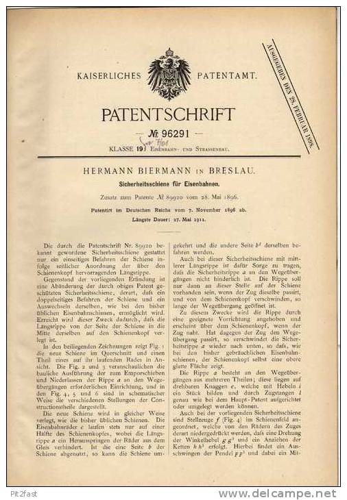 Original Patentschrift - Eisenbahn Sicherheitsschiene , 1896 , H. Biermann In Breslau !!! - Sonstige & Ohne Zuordnung