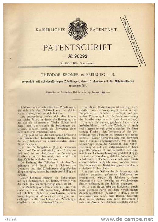 Original Patentschrift - T. Kromer In Freiburg , 1897 , Schlüssel , Schlosserei , Schloß , Schlüsseldienst !!! - Eisenarbeiten