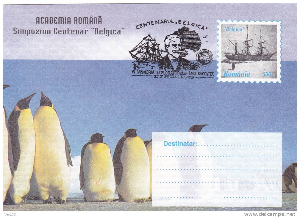 PINGUINS, BELGICA CENTENARY, 1997, COVER STATIONERY, ENTIER POSTAL, OBLITERATION CONCORDANTE, ROMANIA - Pingouins & Manchots