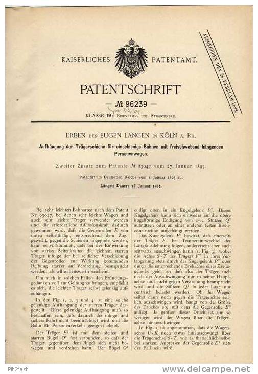 Original Patentschrift - E. Langen In Köln , 1895 , Eisenbahn Mit Schwebenden Personenwagen , !!! - Cars