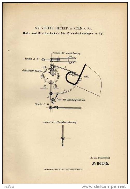 Original Patentschrift - S. Hecker In Köln , 1897 , Kleiderhaken Für Eisenbahn Waggon !!! - Autres & Non Classés