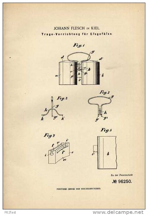 Original Patentschrift - Essgefäße Tragevorrichtung , 1897 , J. Flesch In Kiel !!! - Documents