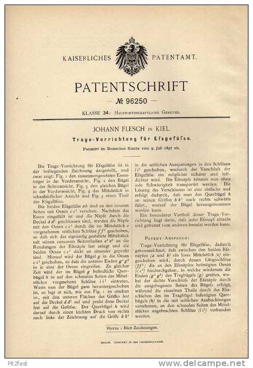 Original Patentschrift - Essgefäße Tragevorrichtung , 1897 , J. Flesch In Kiel !!! - Documents