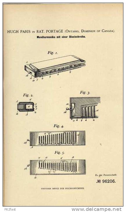 Original Patentschrift - Mundharmonika , 1896 , H. Paris In Rat. Portage , Ontario , Canada !!! - Musical Instruments