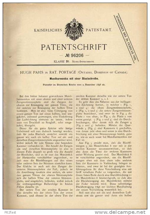 Original Patentschrift - Mundharmonika , 1896 , H. Paris In Rat. Portage , Ontario , Canada !!! - Musikinstrumente