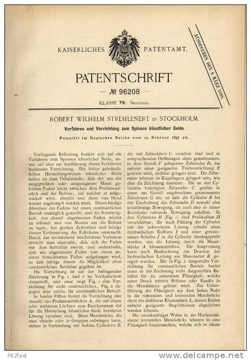 Original Patentschrift - Maschine Zum Spinnen Von Seide , 1897 ,R. Strehlenehrt In Stockholm , Spinnerei !!! - Máquinas