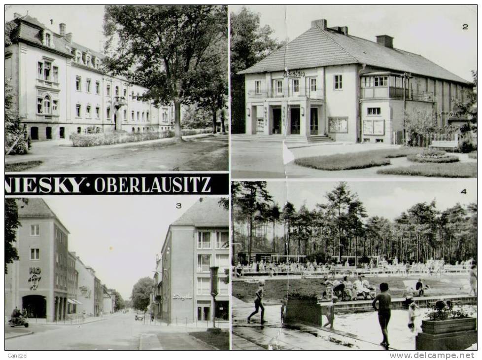 AK Niesky: Krankenhaus, Schauburg-Lichtspiele, Bad, Zinzendorfplatz, Gel, 1979 - Niesky