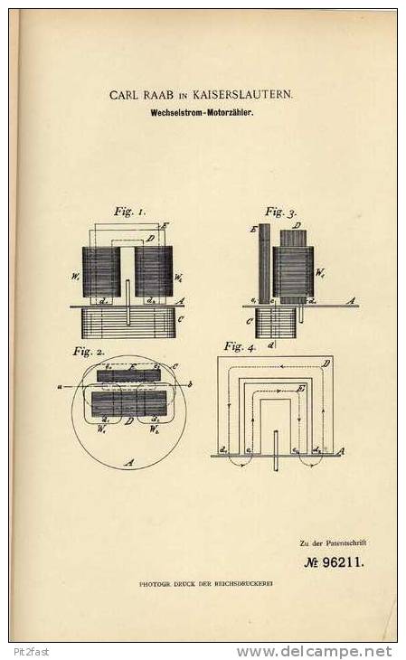 Original Patentschrift - C. Raab In Kaiserslautern , 1897, Wechselstrom Motorzähler !!! - Andere Plannen