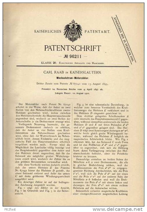 Original Patentschrift - C. Raab In Kaiserslautern , 1897, Wechselstrom Motorzähler !!! - Autres Plans