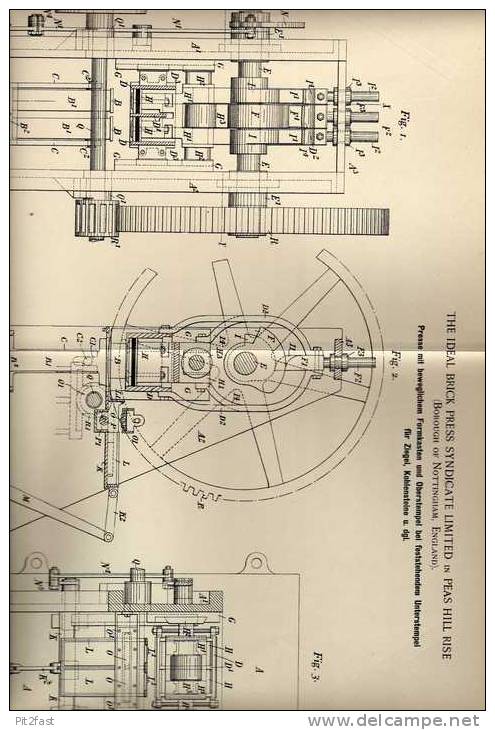 Original Patentschrift - Presse Für Ziegel , Stein , Ziegelei ,1897, Brick Press Ltd. In Peas Hill Rise , Nottingham !!! - Tools