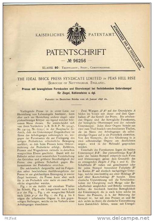 Original Patentschrift - Presse Für Ziegel , Stein , Ziegelei ,1897, Brick Press Ltd. In Peas Hill Rise , Nottingham !!! - Maschinen