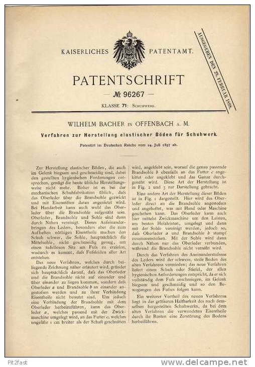Original Patentschrift - W. Bacher In Offenbach A.M., 1897, Schuhe Mit Elast. Böden , Schuster , Schuh !!! - Schoenen