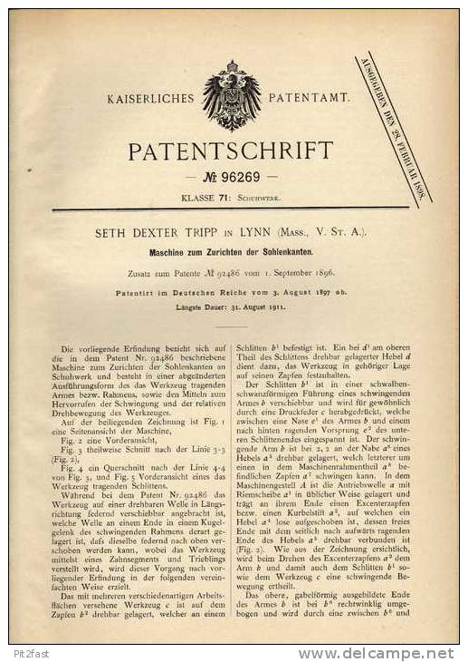 Original Patentschrift - Maschine Für Schuhe , Schuhsohle , 1897 , S. Dexter In Lynn , USA , Schuster !!! - Macchine