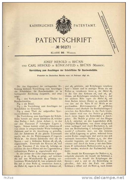 Original Patentschrift - J. Herold In Königsfeld B. Brünn / Královo Pole , 1897 , Webstuhl , Weberei , Weben !!! - Andere Plannen