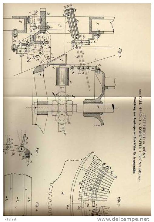 Original Patentschrift - J. Herold In Königsfeld B. Brünn / Královo Pole , 1897 , Webstuhl , Weberei , Weben !!! - Andere Plannen