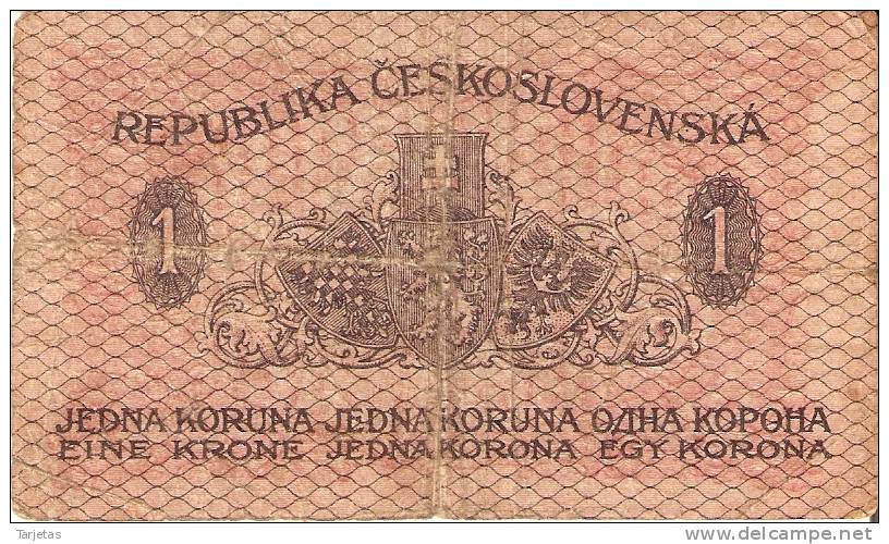 BILLETE DE CHECOSLOVAQUIA DE 1 KORUNA DEL AÑO 1919 (BANKNOTE) - Tschechoslowakei