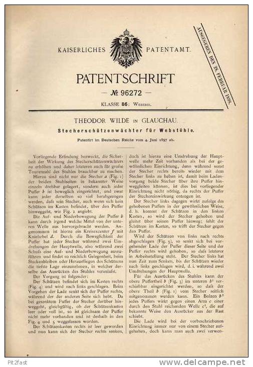 Original Patentschrift - T. Wilde In Glauchau , 1897 , Wächter Für Webstuhl , Weberei , Weben !!! - Maschinen