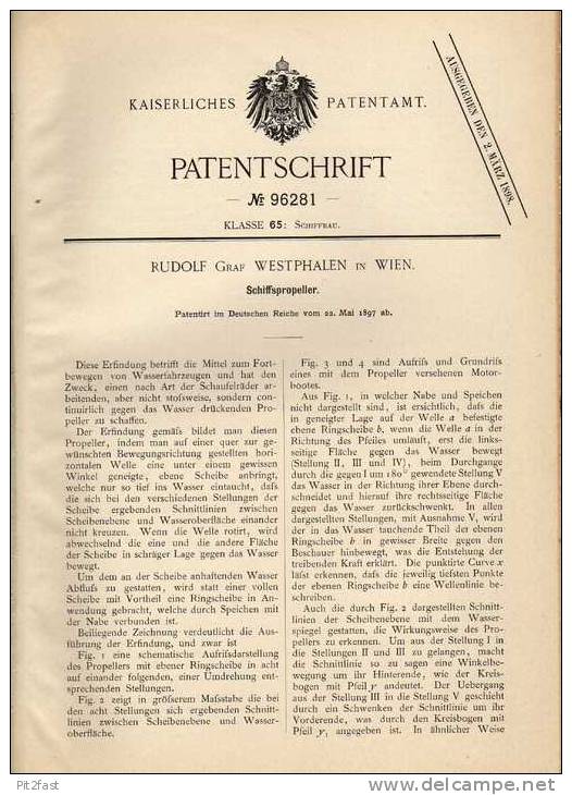 Original Patentschrift - R. Westphalen In Wien , 1897 , Propeller Für Schiffe , Schiff !!! - Otros & Sin Clasificación
