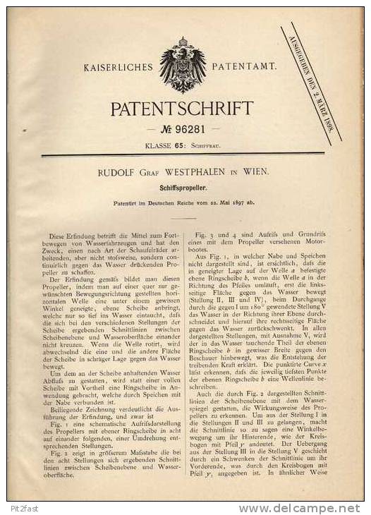 Original Patentschrift - R. Westphalen In Wien , 1897 , Propeller Für Schiffe , Schiff !!! - Sonstige & Ohne Zuordnung